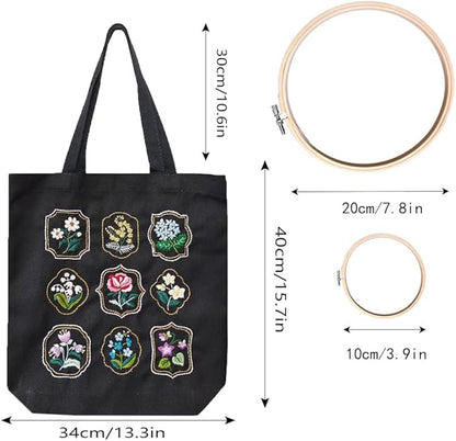 SUPBRAIN Embroidery kit, Canvas Tote Bag Embroidery Kit, Include Stamped Flower Pattern, Hoop, Color Threads and Tool, Suitable for Beginners, Adults Arts and DIY Crafts Kits (Black)