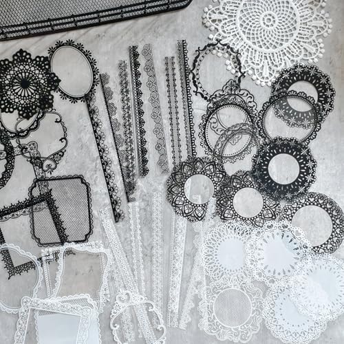 PRSTINCOL 240 PCs Lace Scrapbook Stickers,Waterproof Cutout Transparent Sticker PET Transparent Lace Stickers for Scrapbooking DIY Decoration Making Notebook Frame Album Handmade(Black and White) by PRSTINCOL