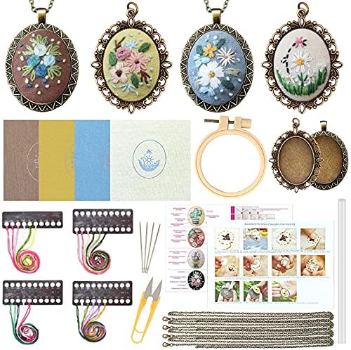 ZOCONE 4 Packs Embroidery Necklace Kits, Embroidery Pendant Kit Mini Cross Stitch Kit with 4 Hoops, Necklace, Pendant, Stamped Pattern Cloth, Instructions, etc., Embroidery Kits for Adults - Image 2
