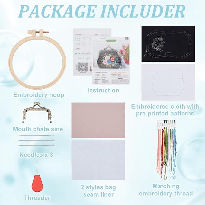 PLIGREAT DIY Flower Embroidery Coin Purse Kits for Beginners, Black Stamped Sewing Handbag with Kiss Clasp Lock Cute Flower Handmade Change Purse Kit with All Supplies for Adults Women DIY Making