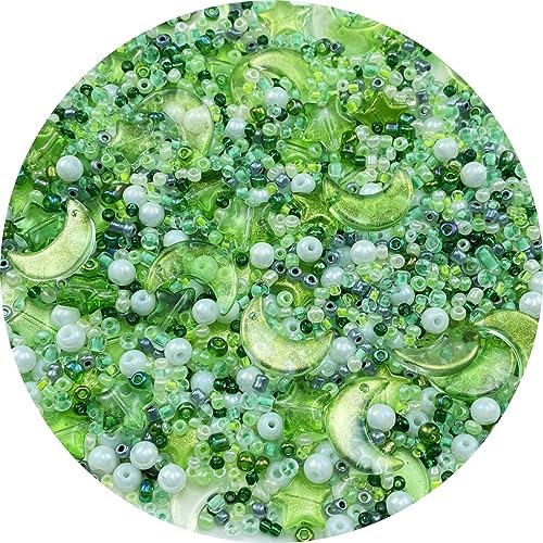 Assorted Glass Beads for Jewelry Making Multi Size Colors Glass Star Moon Seed Pearl Spacer Beads for Bracelets Necklace Earring Making(White Light Green) by ChooseBeadsChooseHonkoolly
