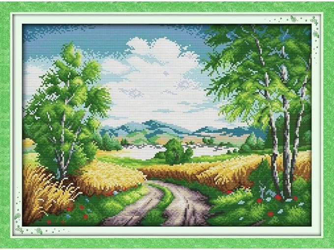 JOYSEWING Countryside Scenery Cross Stitch kit Stamped Kits 11CT Country Embroidery kit for Beginners Needlepoint Kits Art Craft kit DIY Home Decor- (Rural Road (Printed)) 24×17.7 inch