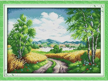 JOYSEWING Countryside Scenery Cross Stitch kit Stamped Kits 11CT Country Embroidery kit for Beginners Needlepoint Kits Art Craft kit DIY Home Decor- (Rural Road (Printed)) 24×17.7 inch