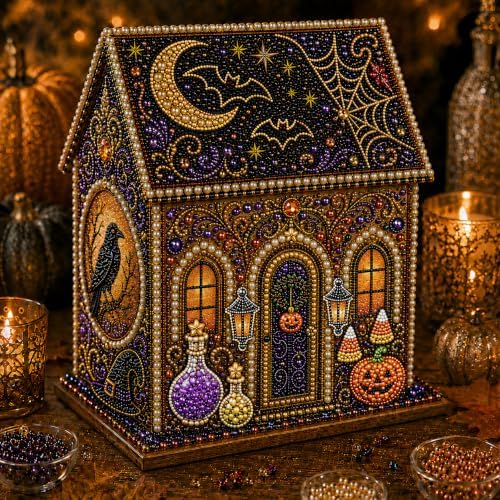 Halloween Wooden House 3D Rhinestone Diamond Art DIY Kit, for Adults, Wooden 3D House with Round Rhinestones and Pearl Accents for Hands-on Halloween Crafting and Tabletop Seasonal Decor. (Style-C) by Chgcuofce