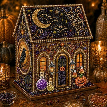 Halloween Wooden House 3D Rhinestone Diamond Art DIY Kit, for Adults, Wooden 3D House with Round Rhinestones and Pearl Accents for Hands-on Halloween Crafting and Tabletop Seasonal Decor. (Style-C) by Chgcuofce