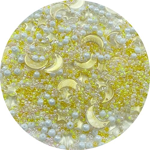 Assorted Glass Beads for Jewelry Making Multi Size Colors Glass Star Moon Seed Pearl Spacer Beads for Bracelets Necklace Earring Making(White Champagne Yellow) by ChooseBeadsChooseHonkoolly