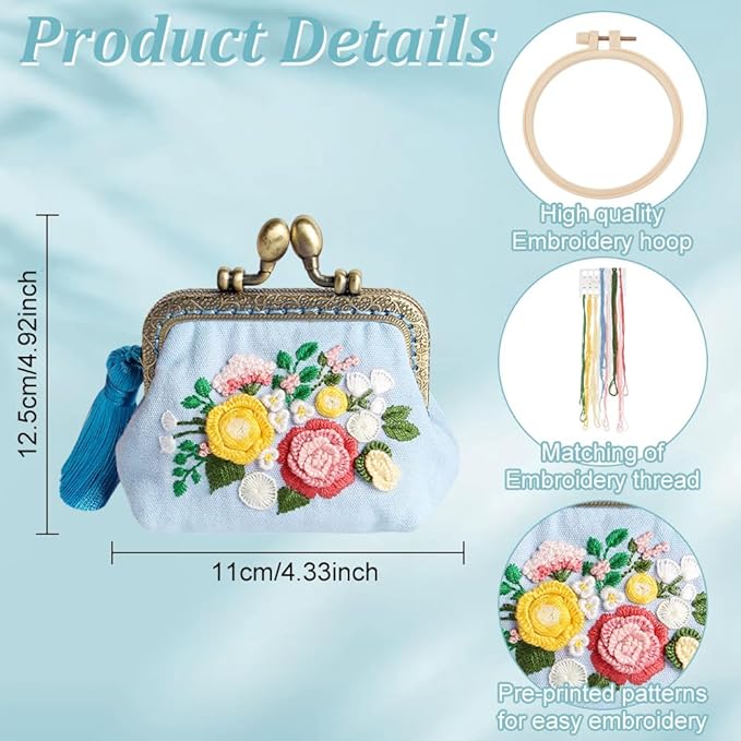PLIGREAT DIY Flower Embroidery Coin Purse Kits for Beginners, Blue Stamped Sewing Handbag with Kiss Clasp Lock Cute Floral Handmade Change Purse Kit with All Supplies for Adults Women DIY Making