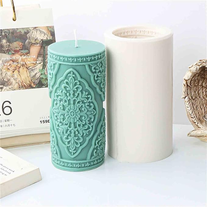 Grainrain 3D Lace Flower Column Silicone Candle Mold Decorated Pillar Candle Mould Handcrafted Silicone Molds for Candle Wax Resin Gyspum Crafts Making Middle Size(ZH026)