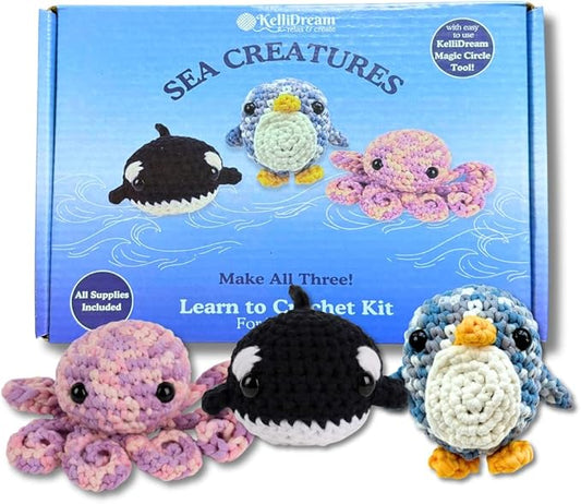 KelliDream Magic Circle Tool Inclusive Learn to Crochet Kit for Beginners; Step-by-Step Video Tutorials; All Supplies to Make Cute Amigurumi (Sea Creatures)