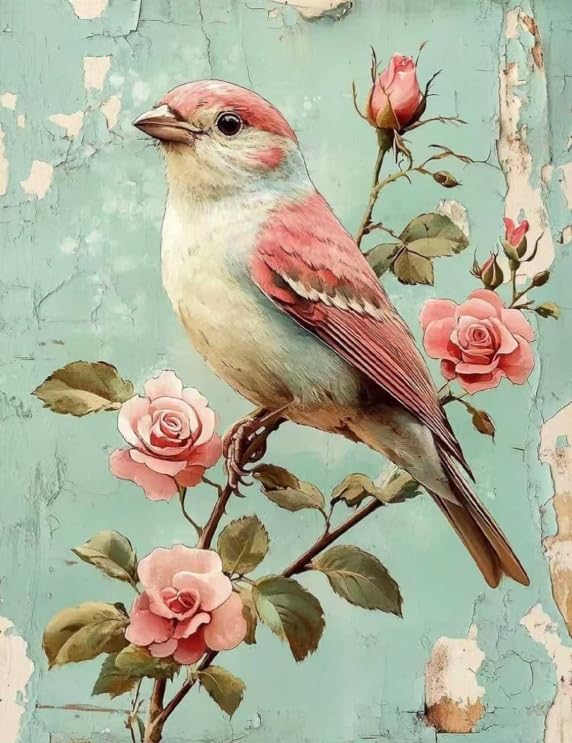 Vintage Style Pink Bird and Roses Paint by Numbers Kit for Adults Beginner 24colors 16x20 inch Without Framed by Unknown