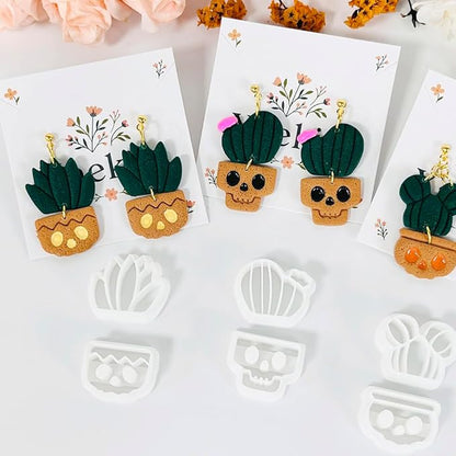 Xaekicr Halloween Cactus Polymer Clay Cutters – 6Pcs Skull Plant Clay Earring Cutters for DIY Halloween Jewelry – Cute Clay Tools for Polymer Clay Crafts