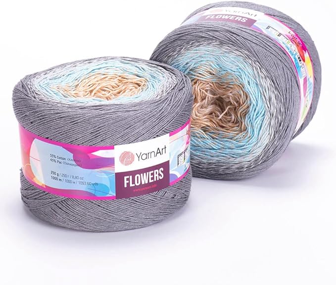 2 Skein/Pack Yarnart Flowers Gradient Yarn, Each Ball 8.8 Oz (250gr) / 1094 Yards (1000m), 55% Cotton 45% Acrylic, Superfine Fingering Weight for Knitting and Crochet, 268 - Gray Blue