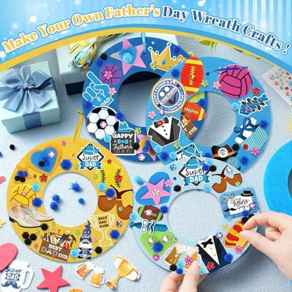 Wavwavw 472 Pcs Father's Day DIY Craft Kits Father Day Wreath Craft Kit Happy Wreath Arts Decoration with Crown Tie Trophy Ball Toolbox Stickers for Party Supplies - Image 3