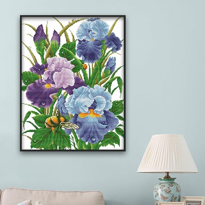 Qeerysew Cross Stitch Kit Stamped Full Range of Embroidery Starter Kits for Beginners DIY -Printed kit Iris 2(Printed) 14CT16.5×20.5 inches