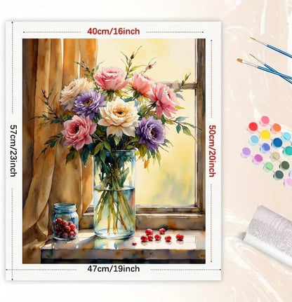 Floral Still Life Paint by Numbers Kit for Adults - DIY Colorful Flower Bouquet by Window Painting on Canvas 16x20 Inches, Acrylic Paint Set, Suitable for Beginners, Art for Home Decoration or Gifts - Image 2