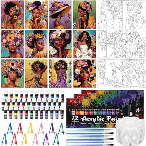 Sherr 108 Pcs Floral Girl Sip and Paint Kit, Pre Drawn Canvas for Adults by Sherr