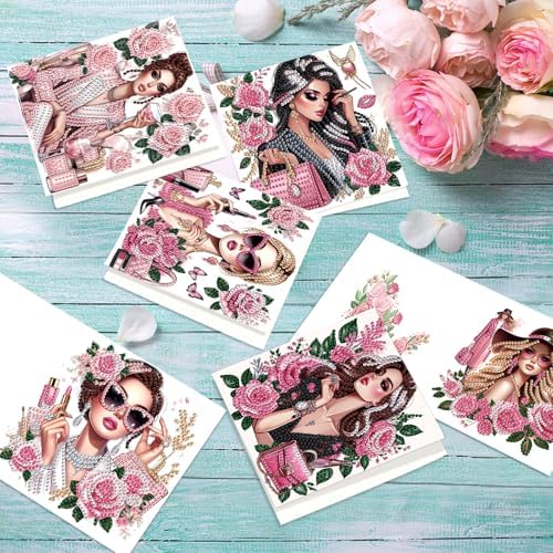 antor 6 Pack 5D Diamond Painting Greeting Cards, Elegant Woman with Floral Design DIY Diamond Art Cards with Envelopes, Handmade Rhinestone Birthday Wedding Thank You Cards for Adults - Image 5