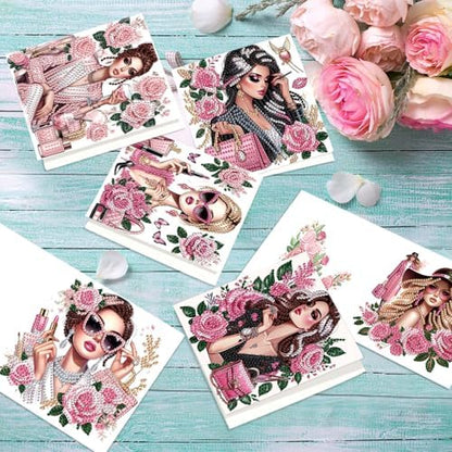 antor 6 Pack 5D Diamond Painting Greeting Cards, Elegant Woman with Floral Design DIY Diamond Art Cards with Envelopes, Handmade Rhinestone Birthday Wedding Thank You Cards for Adults - Image 5