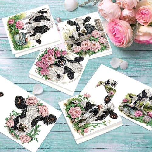 antor 6 Pack DIY Diamond Art Greeting Cards with Envelopes, Special Shaped Rhinestone Diamond Painting Card Kit, Cute Cow Animal Design for Adults Birthday Thank You Greeting - Image 5