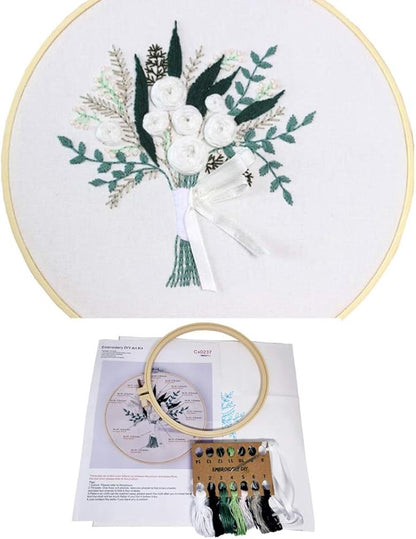 3 Sets Embroidery Starter Kit with Pattern and Instructions,Cross Stitch Beginner Kits with Frame,3 Plastic Embroidery Hoops,3 Embroidery Clothes and Color Threads (3 X Flower Pattern)