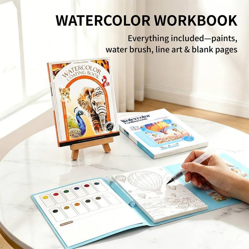 Watercolor Coloring Book for Adults, 2-Pack Watercolor Workbook Kit for Beginners with 24 Colors, 2 Water Brushes, 32 Pages, 240gsm Thick Watercolor Paper, Stress Relief Art Gift (Travel & Animal) - Image 2