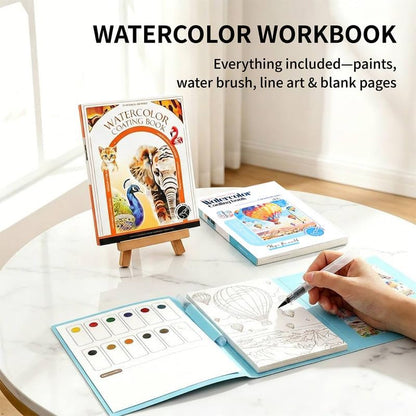 Watercolor Coloring Book for Adults, 2-Pack Watercolor Workbook Kit for Beginners with 24 Colors, 2 Water Brushes, 32 Pages, 240gsm Thick Watercolor Paper, Stress Relief Art Gift (Travel & Animal) - Image 2