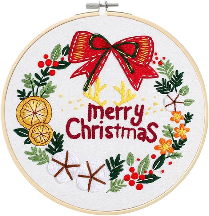 Christmas Embroidery Kits: 1 Pack Cross Stitch Kit for Beginners Adults, DIY Ornaments Craft Kit with All Tools & Instructions, Stamped Hand Embroidery Starter Kit for Holiday Crafts & Xmas Home Decor