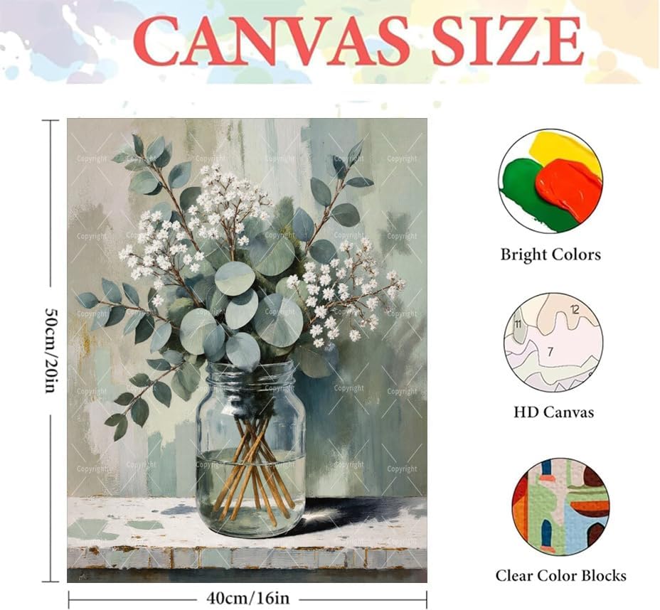 Still Life Paint By Numbers Kit For Adults - Diy Eucalyptus Bouquet In Jar Painting On Canvas 16X20 Inches, Acrylic Paint Set, Suitable For Beginners, Wall Art For Home Decor And Gifts, Unframed - Image 2