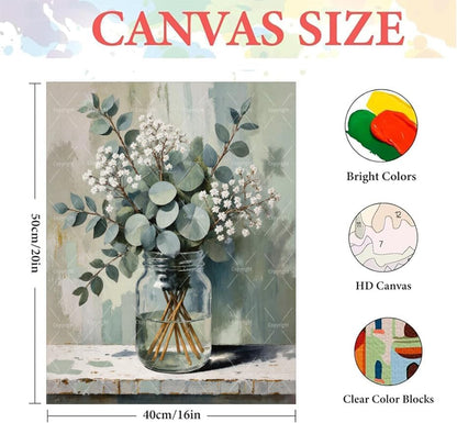 Still Life Paint By Numbers Kit For Adults - Diy Eucalyptus Bouquet In Jar Painting On Canvas 16X20 Inches, Acrylic Paint Set, Suitable For Beginners, Wall Art For Home Decor And Gifts, Unframed - Image 2