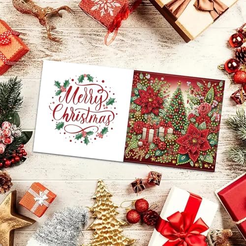 6Pcs Christmas Greeting Card DIY Diamond Art Painting Greeting Cards Blessing Folding Card Kit with White Envelopes Diamond Arts Crafts for Birthday Festival Gift-Poinsettia - Image 5