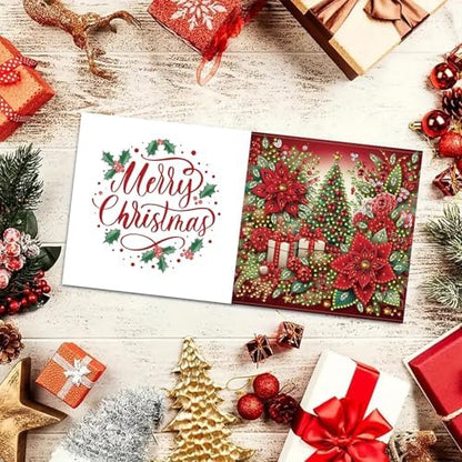 6Pcs Christmas Greeting Card DIY Diamond Art Painting Greeting Cards Blessing Folding Card Kit with White Envelopes Diamond Arts Crafts for Birthday Festival Gift-Poinsettia - Image 5