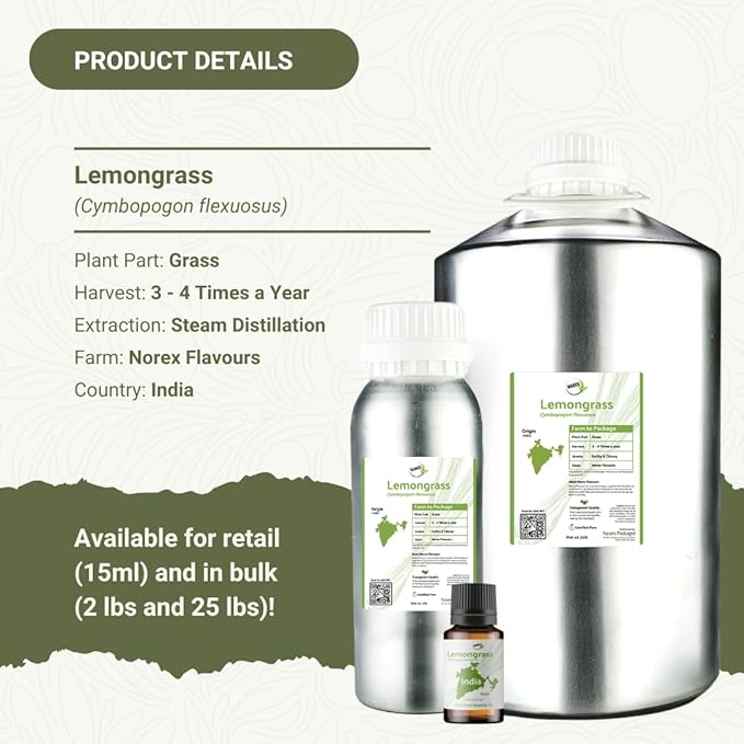 Nature Packaged Lemongrass Essential Oil - Natural Aceite de Hierba Limón from Norex Flavours India - Lemongrass Essential Oils for Hair, Aromatherapy and Massage (2lbs)