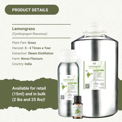 Nature Packaged Lemongrass Essential Oil - Natural Aceite de Hierba Limón from Norex Flavours India - Lemongrass Essential Oils for Hair, Aromatherapy and Massage (2lbs)