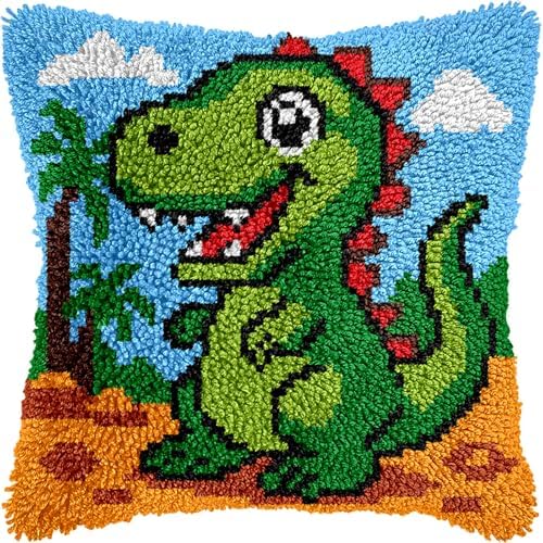veirousa Latch Hook Kits for Adults, DIY Cartoon Dinosaur Pillow & Rug Craft Kit for Beginners, Animal Handmade Yarn Art, Relaxing Home Sofa Decor Gift 17x17 Inch by VEIROUSA