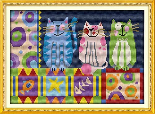 Howie's Needlepoint Cross Stitch Kits, 14CT Pre-Printed Pattern Needlepoint Kits, Full Range of Stamped Starter Kits(Abstract Painting Cats,13.39 x 10.4 inch) by HowiesNeedlepoint
