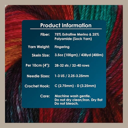 KnitPro Symfonie Hand Dyed Yarn | Extra Fine Merino Wool & Polyamide Blend for Knitting & Crocheting, Fingering Weight, Oeko-TEX Certified 400m, 100g Skein | Terra Variegated Party Lights