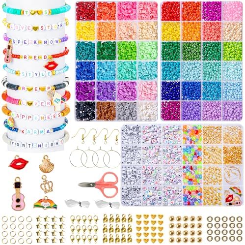Goldwise Friendship Bracelet Kit 3 Boxes-6240 Pcs 48 Colors Bracelet Making Kits with Clay Beads, 2880 Pcs 4mm Glass Seed Beads and 960 pcs A-Z Letter Beads with Charms for Party Birthday Gift by Goldwise