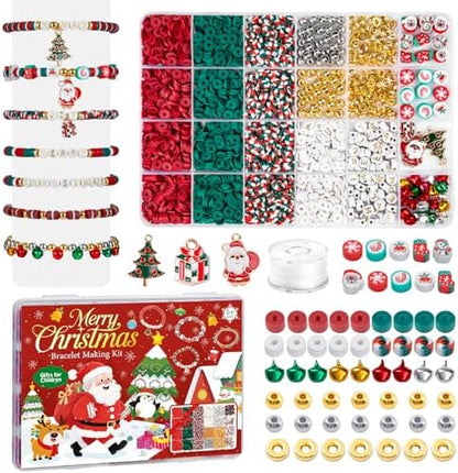 Taybonds Christmas Clay Beads for Bracelets Jewelry Making Kit, Xmas Colored Red Green Heishi Bead Kit,Christmas Charms,Golden Spacer Beads,Letter Beads for Friendship Gift,Holiday Polymer Clay Beads by Taybonds