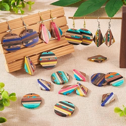 FASHEWELRY 16Pcs Resin Wood Earring Charms Flat Round Wooden Earring Blanks Kite Wooden Earring Findings Vintage Colorful Boho Charms for Jewelry Making - Image 2