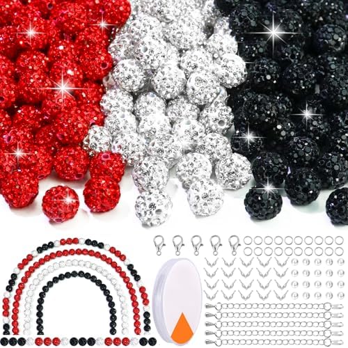 Dowarm 255PCS 10mm Rhinestone Beads for Baseball Rhinestone Necklace Bracelet Jewelry Making, Round Polymer Clay Beads for Crafts Beaded Pen, DIY Shamballa Pave Disco Diamond Bead, Black|Red|White by Dowarm