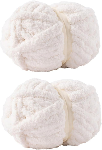 White Jumbo Chunky Chenille Yarn for Crocheting, Thick Plush Yarn for Hand Knitting Blankets, Super Soft Bulky Yarn for DIY Projects, 2 Jumbo Pack