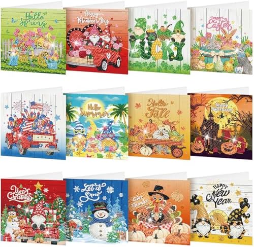 Saillong 12 Pack Holiday Diamond Painting Greeting Card Kit Seasonal Diamond Art Cards with Envelopes Summer Patriotic 5D Rhinestones Painting Making Kit for Adult DIY Craft Family Friend Holiday Gift by Saillong
