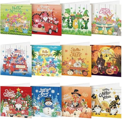 Saillong 12 Pack Holiday Diamond Painting Greeting Card Kit Seasonal Diamond Art Cards with Envelopes Summer Patriotic 5D Rhinestones Painting Making Kit for Adult DIY Craft Family Friend Holiday Gift by Saillong