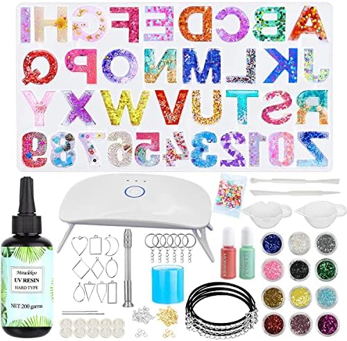 Miraclekoo UV Resin Kit with Light and Alphabet Resin Molds for Beginners, 7oz UV Epoxy Resin and Supplies with UV Lamp Resin Jewelry Molds Starter DIY Kits Tools for Keychain Necklace Making by Miraclekoo