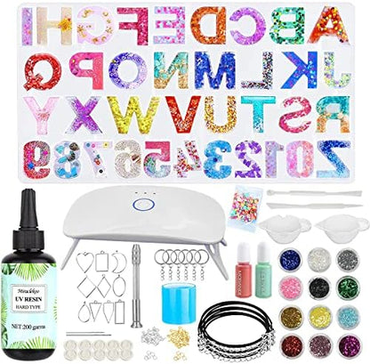 Miraclekoo UV Resin Kit with Light and Alphabet Resin Molds for Beginners, 7oz UV Epoxy Resin and Supplies with UV Lamp Resin Jewelry Molds Starter DIY Kits Tools for Keychain Necklace Making by Miraclekoo