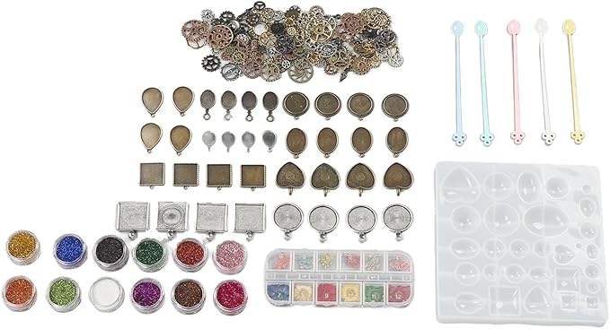 resins Jewelry Making Kit, DIY Pendant Silicone Kit with Dried Flowers and Gears, Reusable and to Demould, resins Mould Starter Kit for Beginners, Includes Various Sizes and Shap