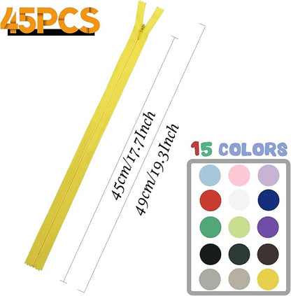 Bulk Zippers, DOITEM 45pcs 18 Inch Invisible Multicolor Nylon Coil Zippers for Sewing and Crafts 15 Colors