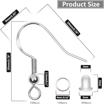 925 Sterling Silver Plated Earring Hooks 150 PCS/75 Pairs,Ear Wires Fish Hooks,500pcs Hypoallergenic Earring Making kit with Jump Rings and Clear Silicone Earring Backs Stoppers (Silver)