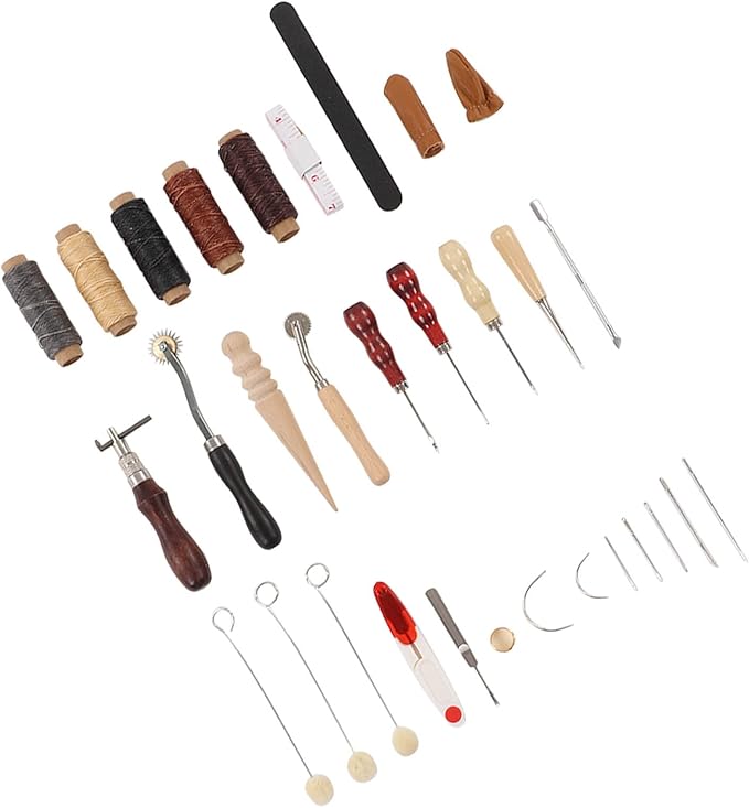 Leather Sewing Kit, Leather Working Tools, Premium DIY Leather Craft Set with Wax Threads Needle Finger Cots Sanding Stick, Stainless Steel Leather Tools for Beginners Professional