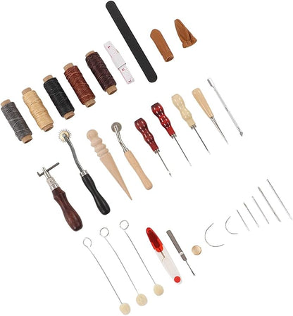 Leather Sewing Kit, Leather Working Tools, Premium DIY Leather Craft Set with Wax Threads Needle Finger Cots Sanding Stick, Stainless Steel Leather Tools for Beginners Professional